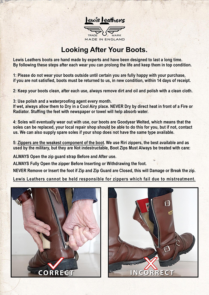 Lewis Leathers Boots and Zip Care Guide